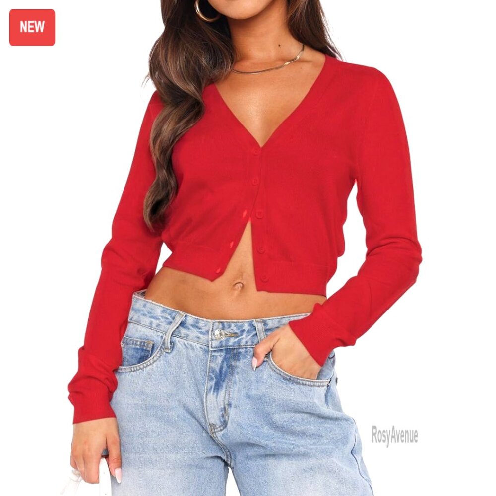 Long Sleeve Open Front Cropped Cardigan Button Down Shirt Lightweight Sweater
